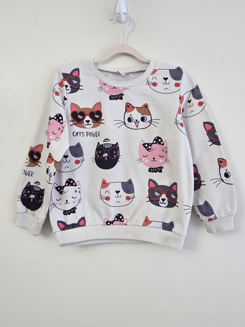 SHEIN White Long Sleeve Tee with Pink, Black & Tan Cat Faces